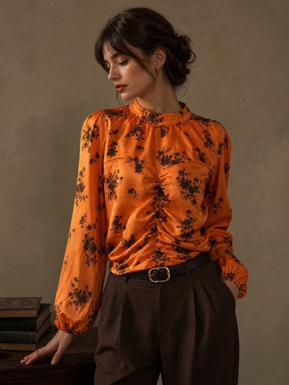 Burnt Orange Floral Satin Blouse | Ruched Front Mock Neck Top | Vintage Boho